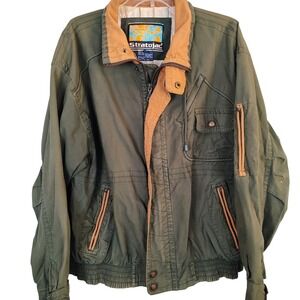 Vintage Stratojac Mens XL Forest Green Cotton Bomber Utility Jacket Tan Trim